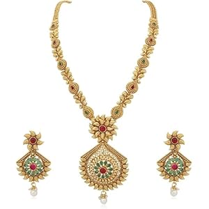 R A ENTERPRISES Traditional Gold-Plated Long Necklace Set with Green and Red Stones, Pearl Drops, Floral Design Pendant and Matching Earrings 8 41cNDiK XXL. SL500 . SS300