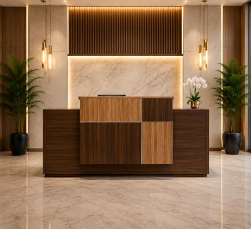 Image of Reception Desk for Office, Hotel, Clinic, Salon, Spa, Studio Commercial Lobby | Luxury Particle Board Reception Counter Table with Wooden Finish Front Design-(RCT-020 LPB L6W2)