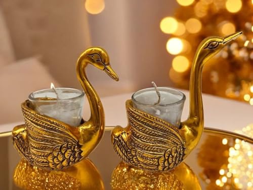 Image of Mruli Krishna Swan Tealight Candle Holder Set, Gold Metal, 13.5 cm Height, 14 cm Length, 2 Pieces