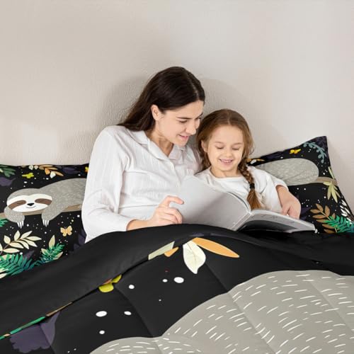 Image of Feelyou Sloth Comforter Cute Sloth Bedding Set for Kids Boys Girls Galaxy Butterfly Comforter Set Botanical Leaves Inner Fill Duvet Set 1 Comforter Set with 1 Pillowcase Twin Size