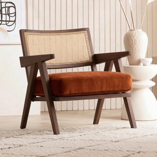 Image of Kingsman Furnitures ABEL Rattan Teak Wood Accent Arm Chair for Home Bedroom, Living, Dining, Drawing Room | Ultra Soft and Comfortable for Stress Free | Removable Cushion (Walnut Burnt Orange)