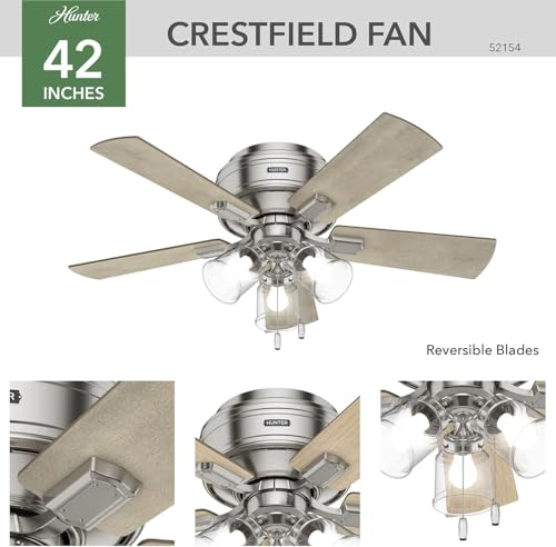 Image of Hunter Crestfield, Indoor, Ceiling Fan, Quiet, 42 inch, Brushed Nickel