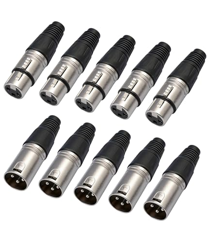 10 Pack XLR Connectors,5-PairXLR 3 Pin Male-Female Plugs Audio Mic Microphone Cable Plug Connector Audio Socket,Audio Mic Microphone DMX Plug,for DIY Recording, Mixing, Stage Equipment,Silver