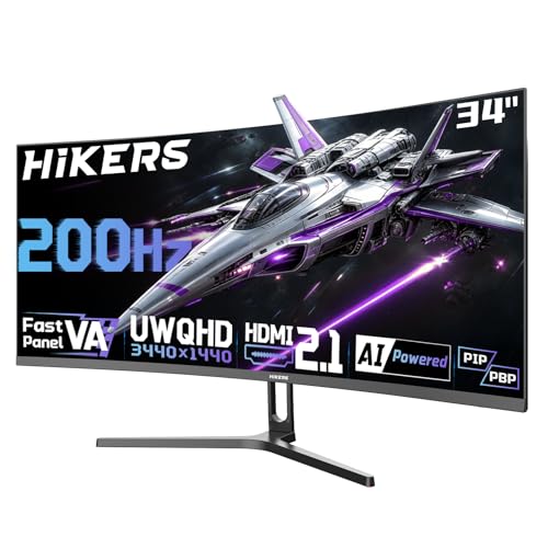 Image of Hikers 34 Inch Curved Gaming Monitor UWQHD 200Hz HDMI 2.1x2 & DP 1.4x1 Ultrawide 3440x1440 Monitor, 21:9 1500R PIP /PBP, Fast VA MPRT 1ms 131% sRGB AI Crosshair (G34H1Q, Includes One HDMI 2.1 Cable)