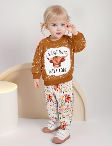 Image of Toddler Girl Clothes Fall Winter Outfits Wild Hair Don't Care Highland Cow Sweatshirt Pants Western Cowgirl Outfit
