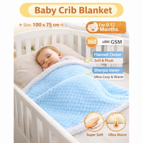 Image of BRANDONN Premium Baby Blanket 100x75 cm - Ultra Soft Flannel Sherpa Newborn Blanket for Winter, AC, Stroller, Crib, Travel (0-12 Months)