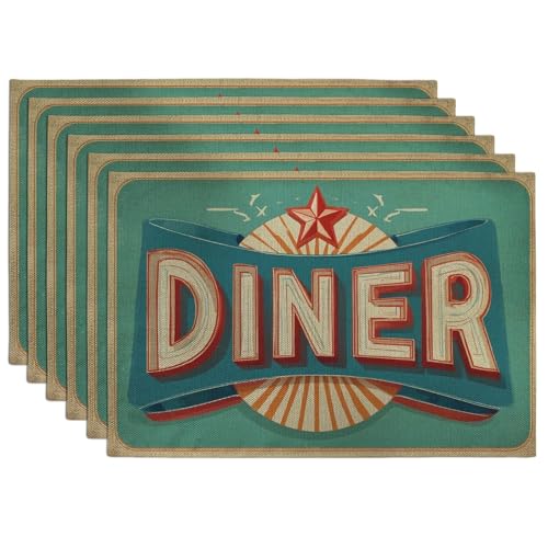 Image of Retro Diner Style Placemats, Blue Vintage Decorative Place mats for Dining Table, Non-Slip Washable Indoor Outdoor Party Tableware Set of 6
