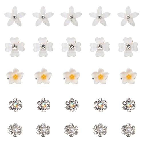 VOSSOT 25 Mini Fermagli per Capelli con Fiori Bianchi e Strass, per Donne e Ragazze, per Matrimoni e Occasioni Speciali