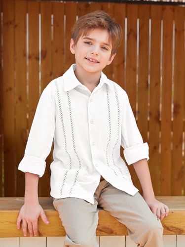 Haloumoning Boys Cuban Guayabera Shirt Kids Fashion Button Down Long Sleeve Shirts 5-14 Years4