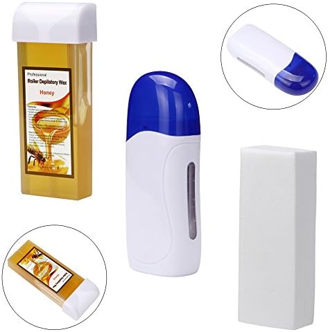 Roll On Wax Warmer Kit Portable Mini Hair Removal Roller Epilator Machine Set Automatic Wax Heater Machine with Natural Honey Roller Depilation Wax and 100pcs Paper Strips Rapid Melting (Blue)