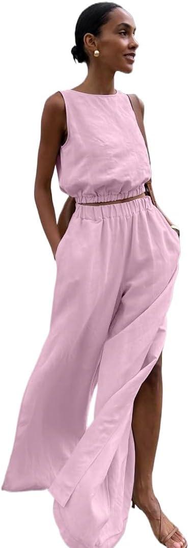 Obenie Women's summer two-piece sleeveless crop top and split wide leg long pants linen set beach vacation set