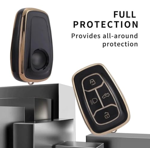 Image of TPU Car Key Cover Black & Golden Compatible for TATA Nexon, Punch, Altroz, Tigor, Harrier, Safari, Gravitas (TATA, 4 Button Push Smart Key)