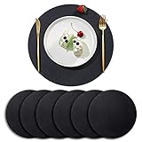 YONOVO 6Pack Faux Leather Placemats Set, 13.5" Round PU Dinning Table Mats, Wipeable Easy to Clean Stain Resistant Heat Resistant Waterproof Place Mats Durable Plate Mats for Table (Black)