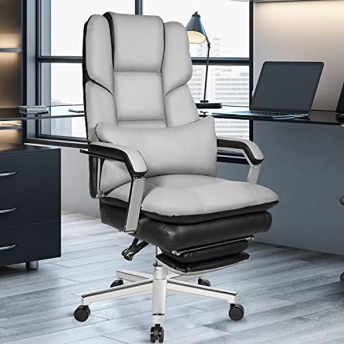 SeekFancy Reclining Office Chair with Footrest O203, Big and Tall Office Chair 500lbs Wide Seat with 170° Backrest, High Back Large Executive Office Chair Lumbar Support, Grey Leather Managerial Chair