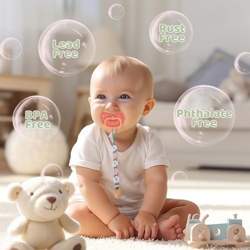 Image of Pacifier Clip for Boys Girls Floral Daisy Macrame Baby Paci Clip Pacifier Holder Leash Boho Wooden Clips Handmade Braided Cotton Binky Clips (2pack:Misty Rose & Green Daisy)