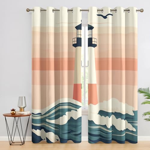 Ocean Wave Lighthouse Curtains Blackout, 46x54 Inch 2 Panels - Sunset Seagull Coastal Pattern Black Out Curtains, Home Decor, 54 Drop Eyelet Window Drapes for Bedroom, Living Room QO&112 - Image 4