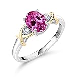 Gem Stone King 3-Stone Engagement Ring for Women | 10K Yellow Gold and 925 Silver | Gemstone Birthstone and Lab Grown Diamond Crossover Wedding Anniversary Ring | Pink Created Sapphire-September | 7