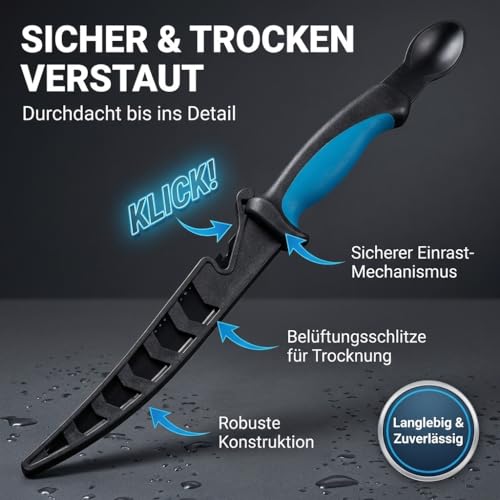 Njord Kalastus 4in1 Ausnehmmesser Fisch mit Löffel als Ausnehmhilfe | Filitiermesser Scharf Fisch 15cm Klinge | Fischmesser Angelmesser Ausnehmen Messer Filiermesser Angel Messer Angeln Fischen