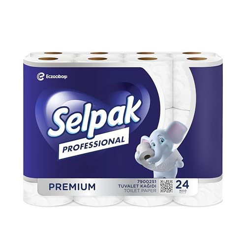 SELPAK Professional Toilet Roll - 24 Rolls of Toilet Paper - Luxuriously Soft, Gentle and Hypoallergenic 3 ply Toilet Rolls - Sustainable Toilet Tissue - Dermatologically Tested Loo Roll, White