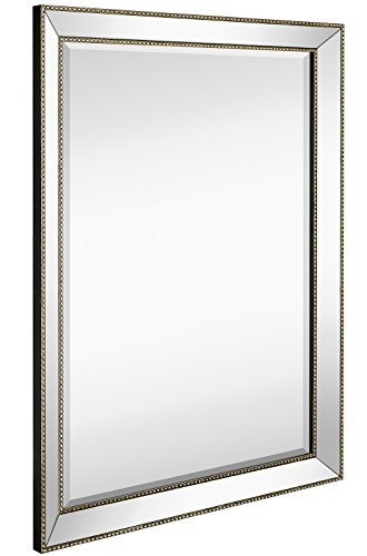 Large Framed Wall Mirror with Angled Beveled Mirror Frame and Beaded Accents | Premium Silver Backed Glass Panel | Vanity, Bedroom, or Bathroom | Mirrored Rectangle Horizontal or Vertical (30"x40")