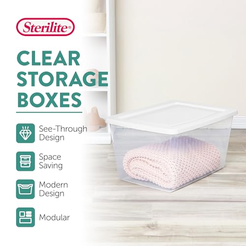 Image of Sterilite Clear Storage Box Stackable Tote, 58 Quart, 32-Pack | Clear Plastic Container with Secure Snapping Lids for Home and Office Organization, White