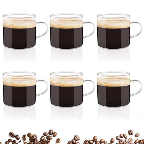 Zosenyer Espressotassen Set, 6er Kaffeegläser mit Henkel aus Glas, 100ml Mini Tassen für Kaffee, Cappuccino, Espresso, als Latte Macchiato Gläser