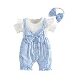 Neugeborene Baby Mädchen Outfit Zweiteilige Sommer Outfit Blumen Druck Kurzarm Kleidung Set mit Stirnband Weiche Babyset (Blau, 3-6 Monate)
