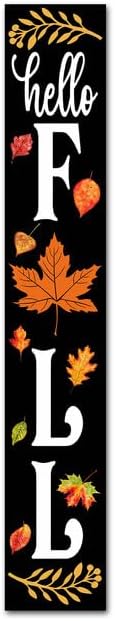 SRongmao Hello Fall Porch Sign Wooden Maple Leaves Front Door Sign 8x48inch Rustic Vertical Sign for Front Door Porch Standing Farmhouse Welcome Fall Sign Wall Decor for Home Yard Garden Entry