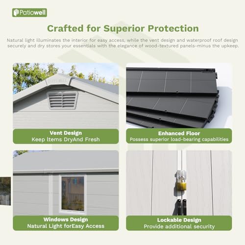 Image of Patiowell 6X10 FT Plastic Outdoor Storage Shed with Lockable Door and Floor, Resin Garden Tool Shed with Window, Waterproof Easy Assembly for Backyard, Lawn, Patio Furniture Storage (Light Grey)