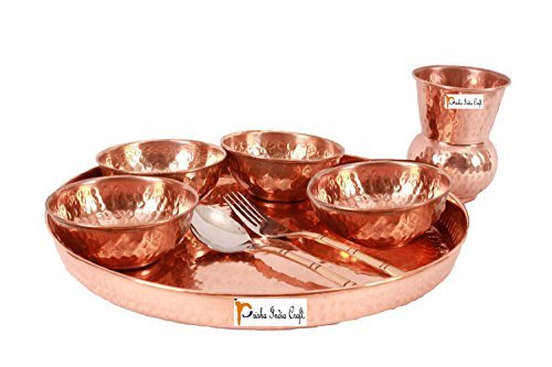 Prisha India Craft Traditional Dinner Set Dinnerware 100% Pure Copperware Thali Set Diameter 12″ (1 Thali, 1 Spoons,1Fork, 1 Tumblers, 4 Serving Bowls)