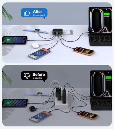 Image of Fast Charger Block, GaN 6 Port USB C Charging Station Hub Cube, 100W Multiport Type C Wall Charger Power Strip Plug with PD 3.0+QC for iPhone 13 14 15 16 17 Pro Max XR XS 8 7, Samsung, iPad, Table