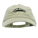 Classic Car Bug Embroidered Washed Solid Pigment Dyed Cotton Twill Brass Buckle Cap - Khaki OSFM
