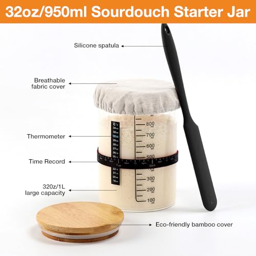 Sauerteig Starter Set, 900ML Sauerteig-Starterglas Set, Sauerteig Glas, Sourdough Starter Kit mit Silikon-Spatel Thermometerpapier 8 Etiketten, Stoffhut, Sauerteigbehälter für Brotbacken, Fermentieren
