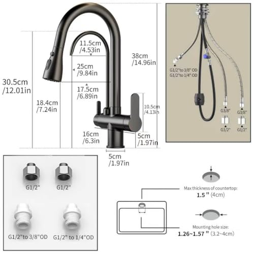 Kitchen Sink Faucet with Pull - Down Sprayer, 2 - Handle 3 - in - 1 Kitchen Sink Filter Faucet, Cold and Hot Mixer Drinking Water Faucet (3-in-1 Filter Faucet, Black) by SoliForge - Used condition - Image 7