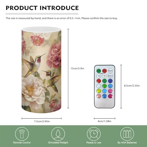 Image of Poceacles Retro Floral Hummingbird Candle Electric LED Lights with Dancing Flame Timer Remote Color Lights, 3 AAA Batteries Operated (Not Include) Vintage Tealight for Home Indoor Decor