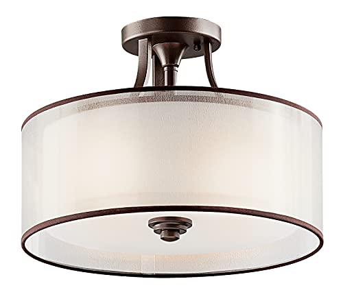 Best Deal 🛒 Kichler Lacey 15" 3 Light Semi Flush with Satin Etched Cased Opal Inner Diffusers and Light Umber Translucent Organza Outer Shade in Mission Bronze
