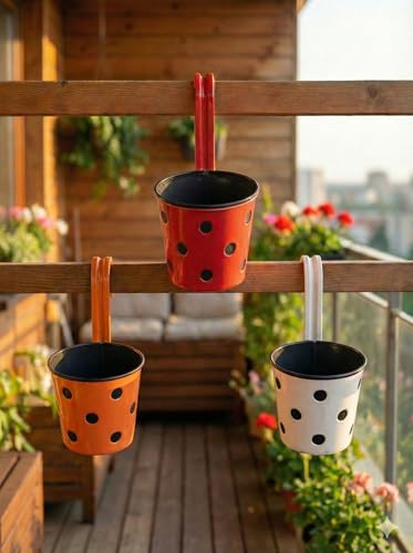 Image of Premium Polka Dot Hook Planter with Inner Pot | Sturdy Plastic Hanging Pots for Balcony Railings | Indoor & Outdoor Gardening (3 Pot, Multicolour)