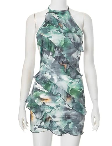 Image of Yuopeid Women's Sexy Halter Neck Backless Printed Mini Dress Floral Layered Ruffle Bodycon Short Party Dress