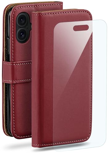 Étui Apple iPhone 16 Plus moex bordeaux en cuir avec porte-cartes et film