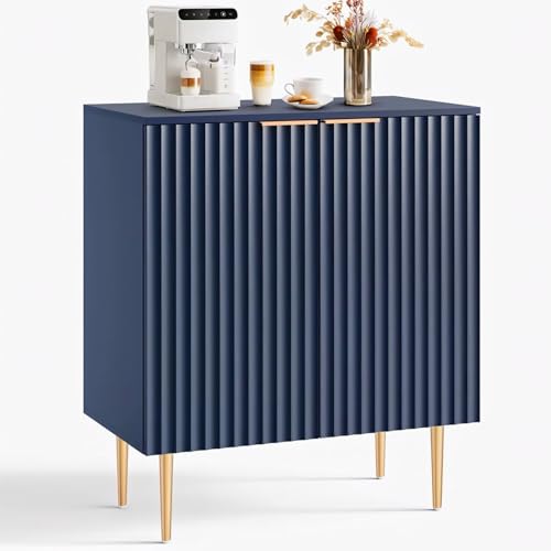 Image of Floated Panel Wooden Sideboard Cabinet | 2 Door Storage Unit with Metal Legs | Premium HDMR Wood Console Cabinet for Living Room, Kitchen & Dining | DIY Leg Assembly | Blue