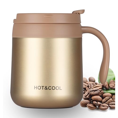 SCJHMY Taza de 350 ml, termo de acero inoxidable, taza térmica con tapa y asa, taza de viaje al vacío de doble pared, taza de camping, taza de café aislada de acero inoxidable (dorado, 350 ml)