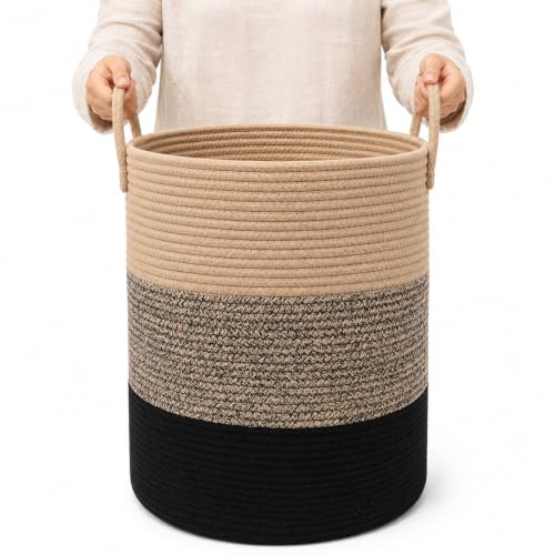 Image of OrganiHaus Tall Cotton Rope Laundry Basket & Hamper, Blanket Storage 52L | 3-Toned Brown - Tall Cotton Rope Hamper, 52L