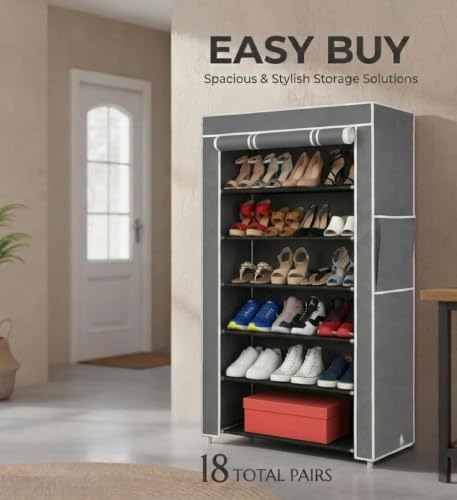 Image of EASY BUY Economy 6 Shelf Shoe Rack with Cover, Plastic Rack 6 Shelves with Zip Door Cover & Side Pocket | Dustproof Storage Organizer for Footwear, Clothes, Toy, Shoe Rack Plastic, Slipper Stand, Grey