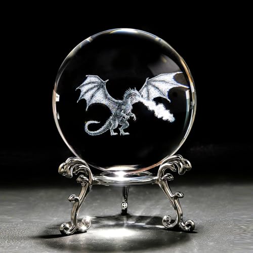 HDCRYSTALGIFTS Bola de cristal de dragón, 2.36 pulgadas (60 mm), bola decorativa de vidrio grabada con láser 3D para cumpleaños, Navidad, figuras de animales de vidrio, regalos de dragón para