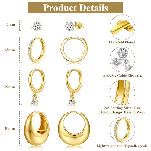 Bsoepnr 4 Pairs Gold Hoop Earrings Set for Women, Dainty 14K Gold Plated Small Huggie Stud Earrings Hypoallergenic Dangle Cartilage Huggie Hoop Earrings for Multiple Piercings3