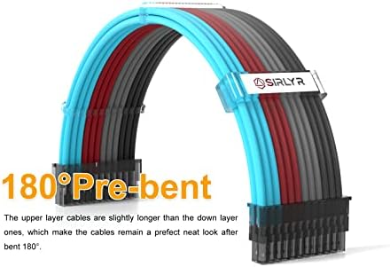 SIRLYR Arc Braided ATX Sleeved Cable Extension Kit for Power Supply Cable Kit,16AWG 24Pin ATX / 8 (4+4) Pin EPS / 8 (6+2) Pin PCI-E Power Supply PSU Cables with Combs(Black-Grey-Red-Blue)