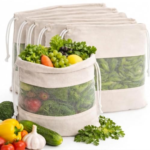 Image of QONETIC 8 Pcs Cotton Vegetable Cloth Bag for Fridge, Fruit and Vegetables Storage Bags for Refrigerator, Fridge storage bags Reusable and Washable Muslin Produce Bags with Drawstring Veg Bags