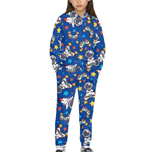 Twousenru Cartoon Astronaut Girls 2 Piece Outfits Sweatsuit 5-12Y Boys Kids Fleece Fashion Aesthetic Hoodies Sweatshirt and Sweatpants Set with Font Pocket Seasonal Wear,7-8Y