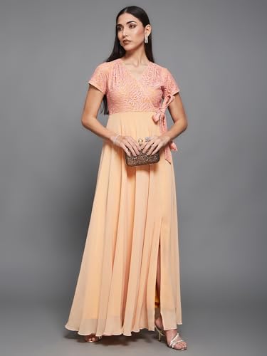 Image of Miss Chase Women's V-Neck Full Sleeve Self Design Lace-Overlaid Georgette Maxi Dress