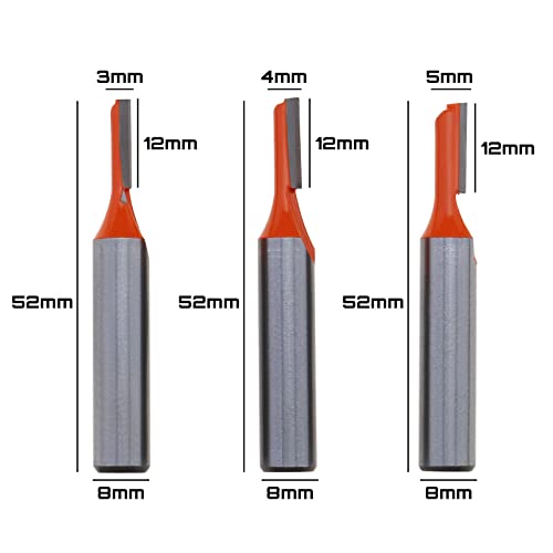 3 Pezzi 8mm Shank Groove Frese Set Frese per Router Frese a Singolo Flauto diritte in Acciaio al Carbonio Fresa per Legno Lavorazione del Legno Utensili di Taglio 3mm/4mm/5mm